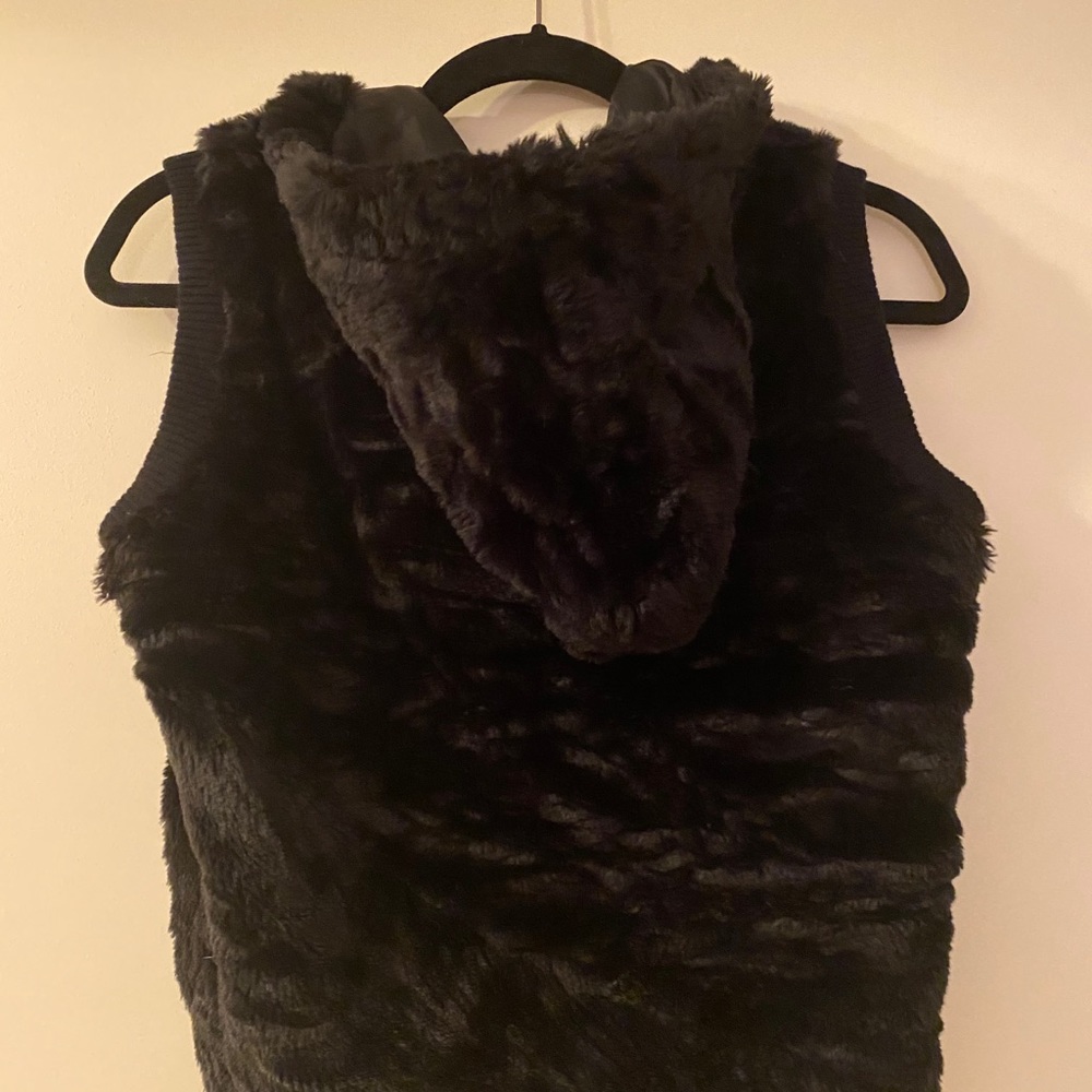 Black faux fur vest with hood